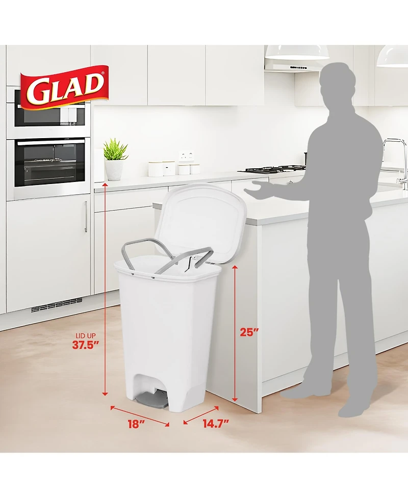 Glad Kitchen Trash Can with Lid, Foot Pedal and Garbage Bag Rings, 13 Gal, White