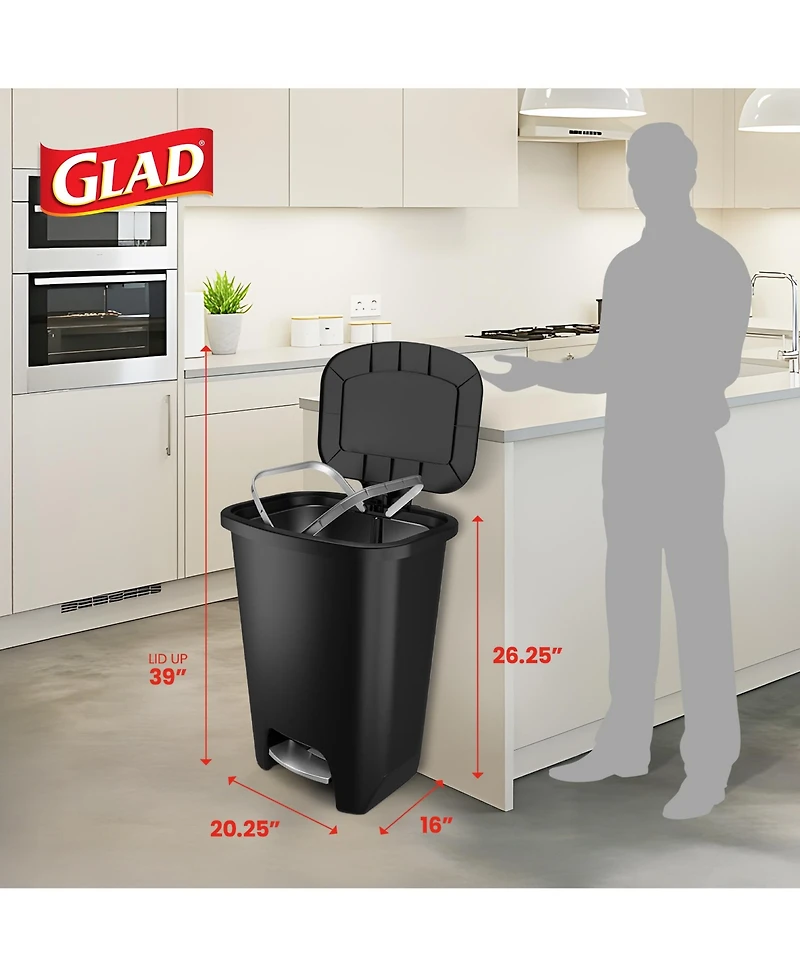Glad Trash Can with Lid, Stainless Foot Pedal and Garbage Bag Rings, 20 Gal, Black