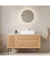 Sillysis Modern Bathroom Vanity With Rectangular Ceramic Sink Oak Striped Texture 2 Drawers 1 Door Pre Assembled