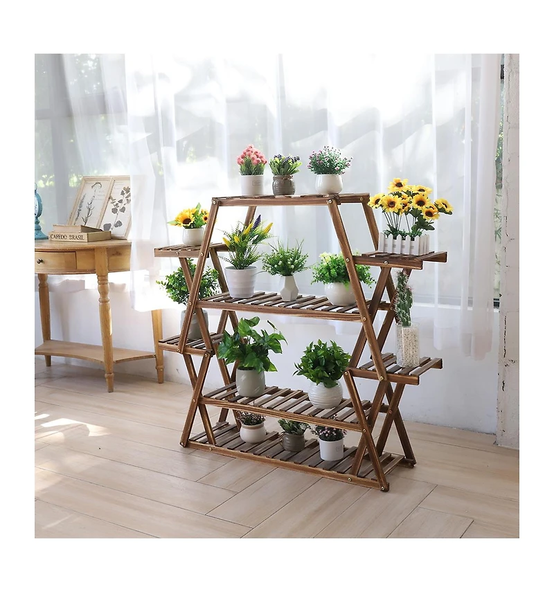 Unho Multi-Tier Solid Pine Plant Stand, Sturdy Triangular Stable Decorative Flower Rack for Home Decor