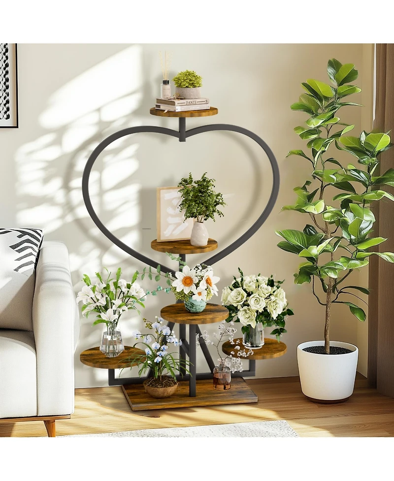 Unho Heart Shaped 8-Pot Plant Stand, Sturdy Metal Wood Indoor Display Rack