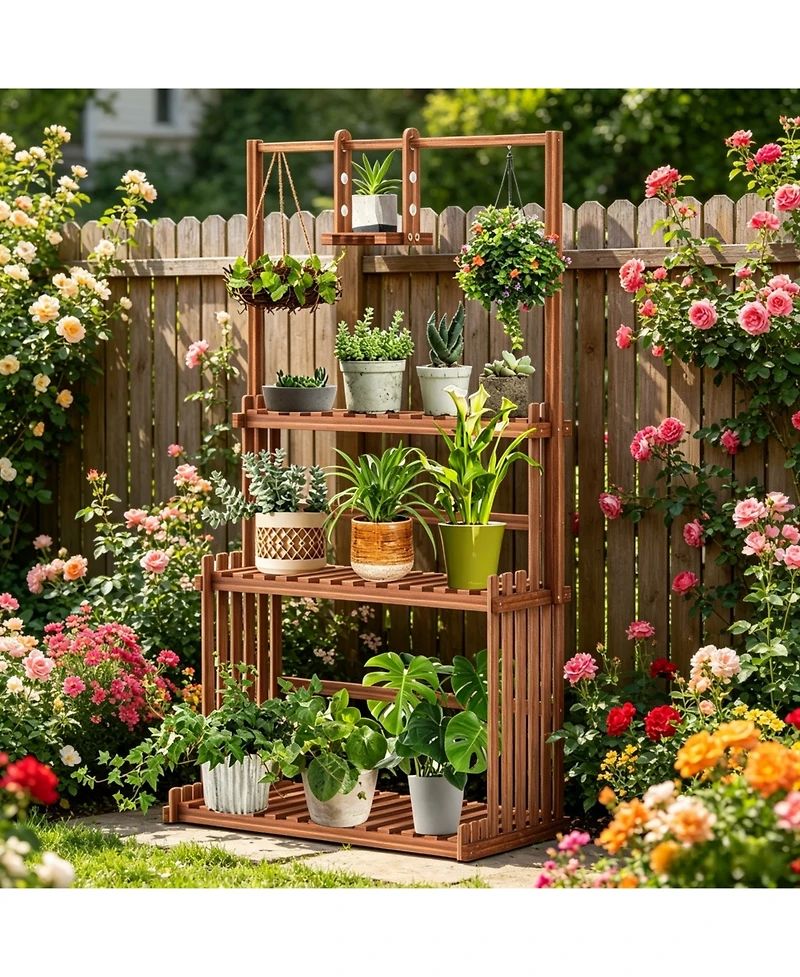 Unho 4-Tier Solid Pine Plant Stand with Drainage, Indoor Outdoor Flower Shelf