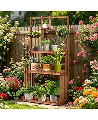 Unho 4-Tier Solid Pine Plant Stand with Drainage, Indoor Outdoor Flower Shelf