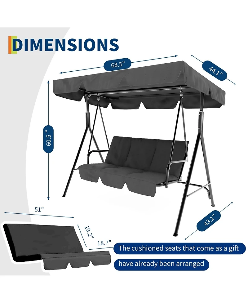 homfan 3-Seat Patio Swing, Outdoor Porch Chair with Adjustable Canopy and Armrests, Breathable Textilene Seat Backrest, Swing Bench for Garden