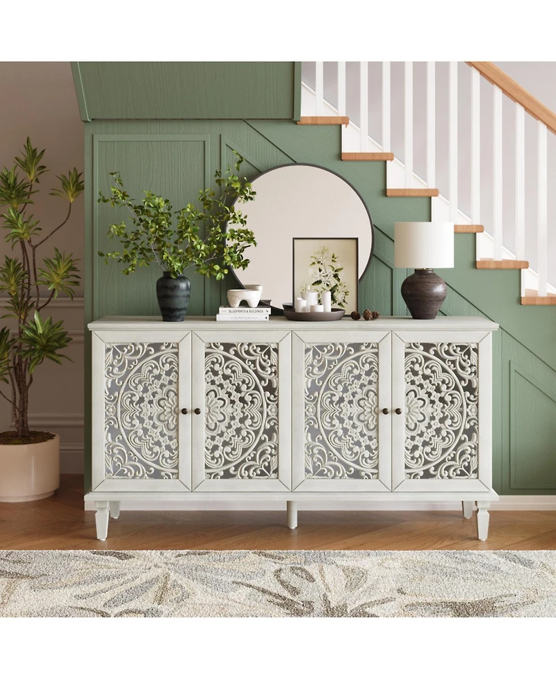 Streamdale Furniture 60inch Antique Buffet Cabinet - Floral Carvings, Adjustable Shelves