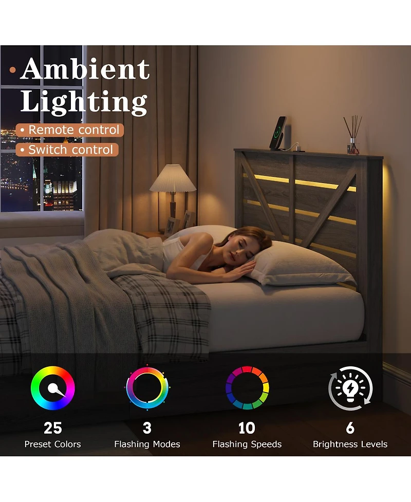 Streamdale Furniture Queen Storage Bed With Headboard, 4 Drawers, Led, Metal Support