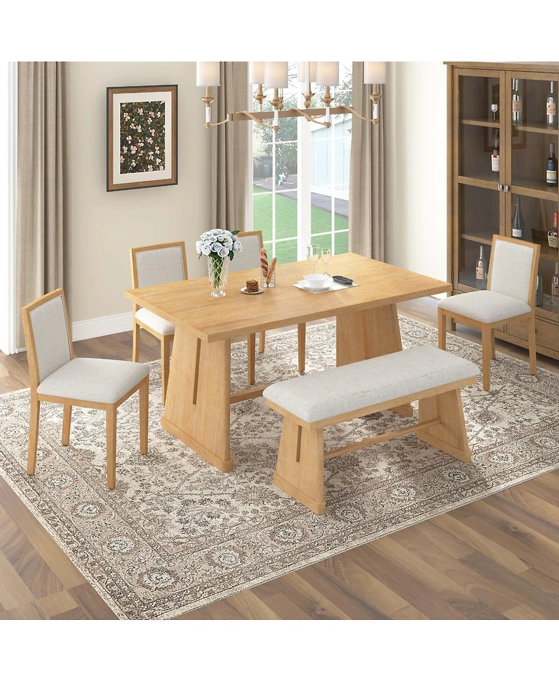 Streamdale Furniture Farmhouse 6-Piece Dining Set with Bench and Linen Chairs
