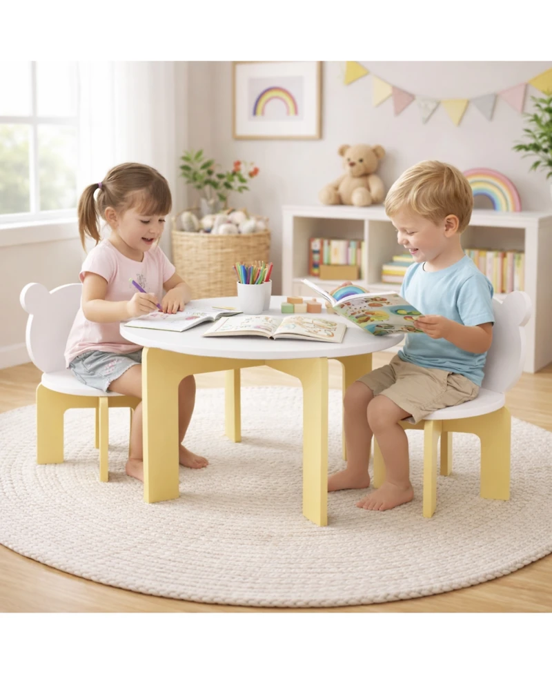 Rainsken 3 Piece Wood Table and Chair Set, with 2 Bear-Back Chairs, Wood Activity Table Drawing Play Table Set, for Drawing, Snacks