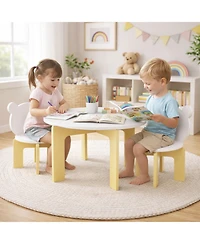 Rainsken 3 Piece Wood Table and Chair Set, with 2 Bear-Back Chairs, Wood Activity Table Drawing Play Table Set, for Drawing, Snacks