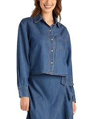 Bcx Women's Denim Long-Sleeve Collared Crop Top