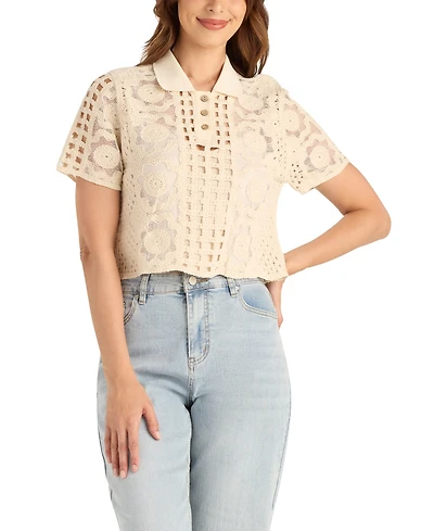 Bcx Women's Embroidered Crochet Collared Sweater