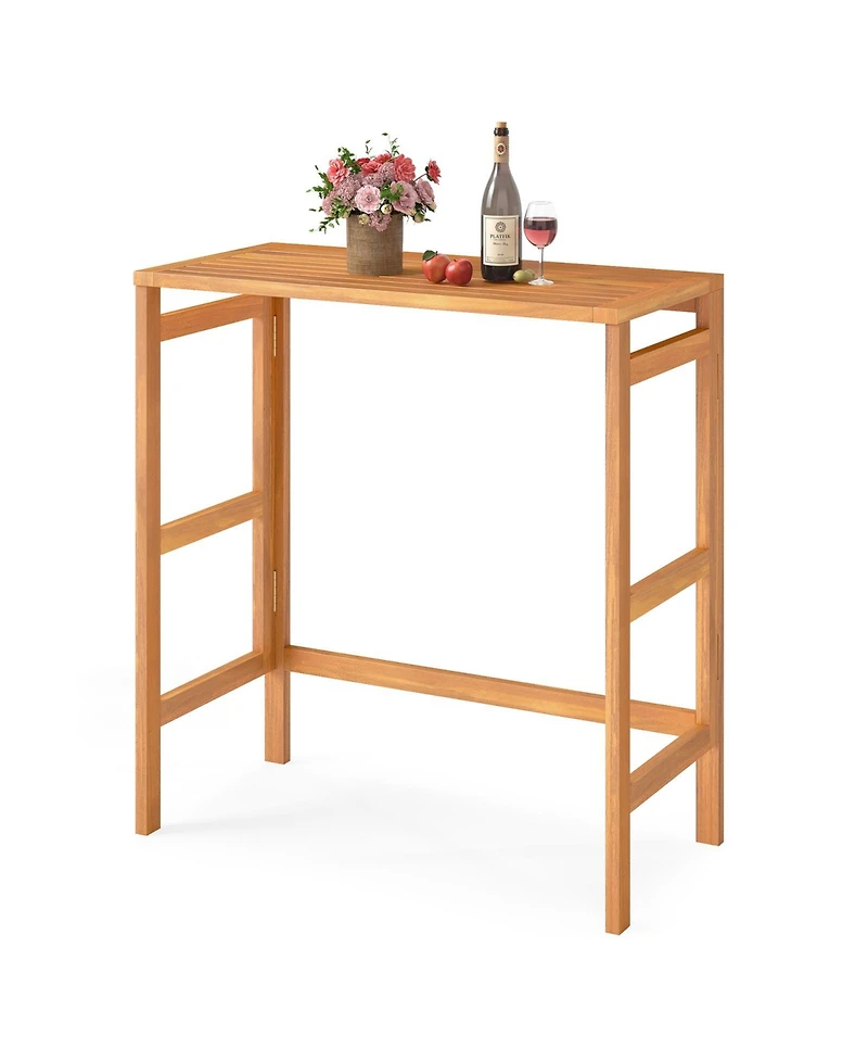 Gymax Acacia Wood Outdoor Bar Table Slatted Tabletop for Balcony Backyard Garden