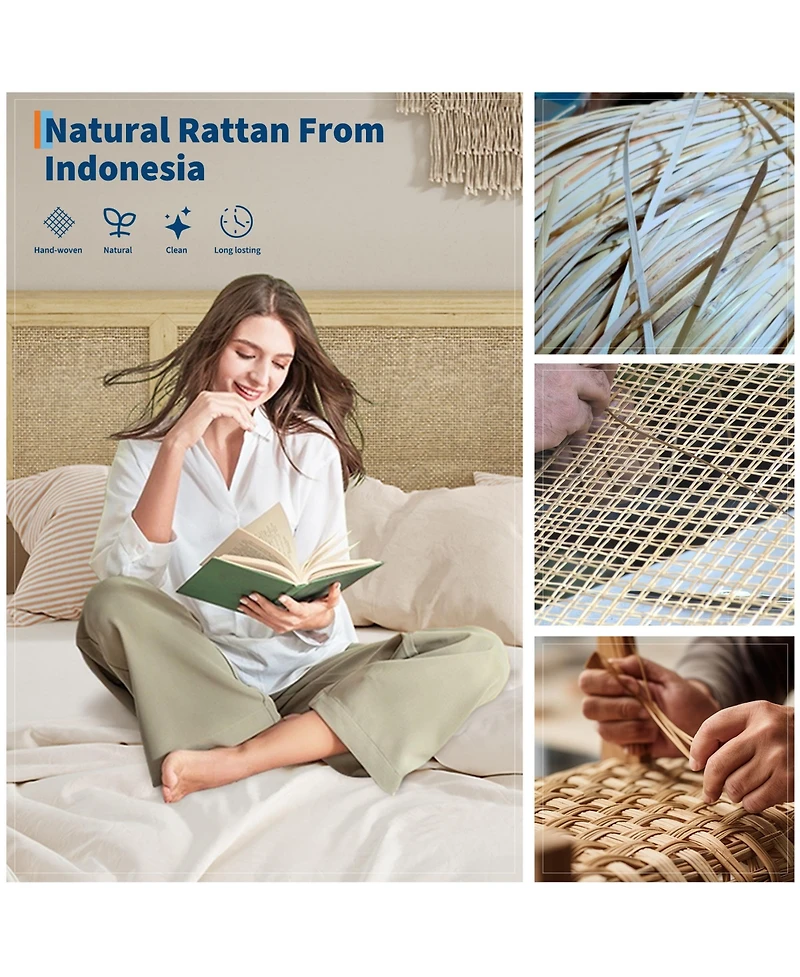 homfan Rattan Bed with Headboard, Bed Frame with Led Lights and 4 Storage Drawers, Wood Foundation with Silent Slats, No Box Spring Needed