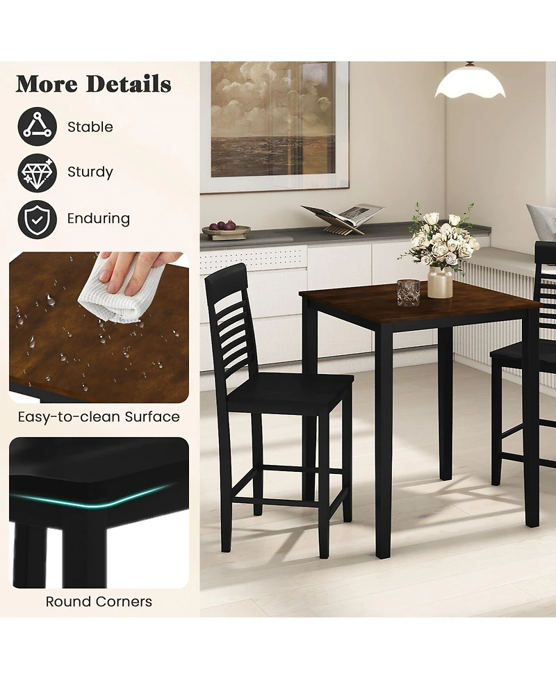 Slickblue 3 Piece Bar Height Dining Set for 2 with Footrest Wooden Frame