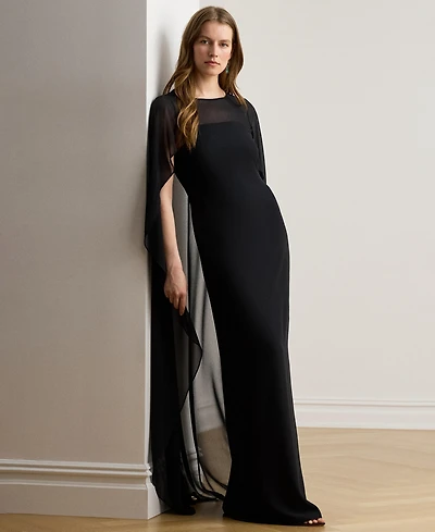 Lauren Ralph Women's Round-Neck Cape-Overlay Georgette Ball Gown