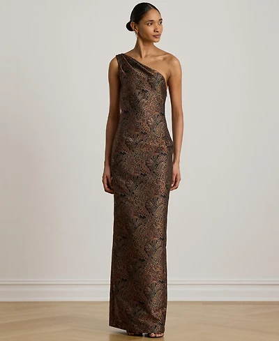 Lauren Ralph Paisley Jacquard One-Shoulder Gown