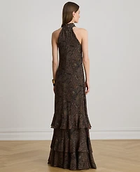 Lauren Ralph Paisley Georgette Tiered Mockneck Gown