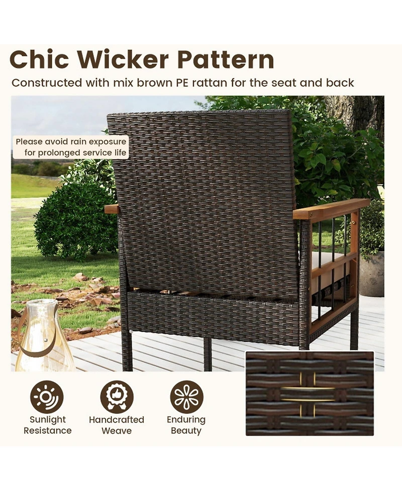 Sugift Wicker Furniture Set with Acacia Wood Tabletop and Armrests for Porch