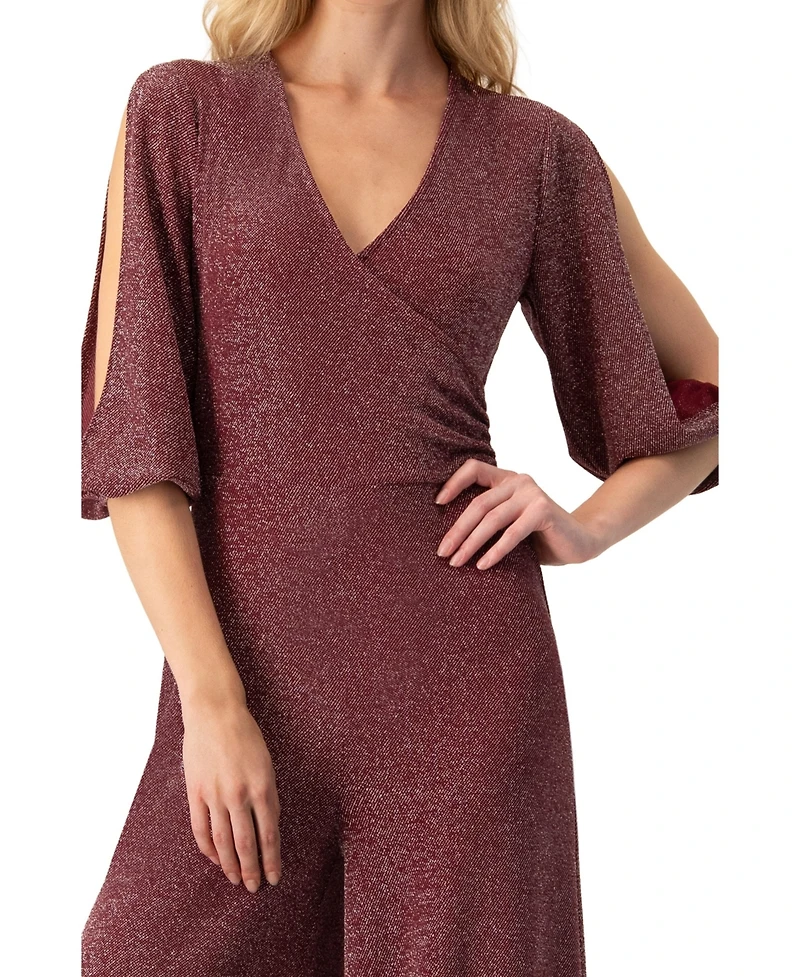 Ivonne Women's Shimmering V-Neck Jumpsuit with 3/4 Sleeves