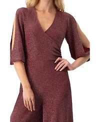 Ivonne Women's Shimmering V-Neck Jumpsuit with 3/4 Sleeves