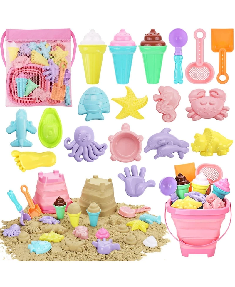 Gnuadz 24-piece Beach Toys Ice Cream Sand Bucket Shovels Kids Travel Bag