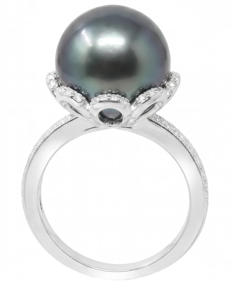 Macy's Cultured Tahitian Pearl (11mm) & Diamond (1/4 ct. t.w.) Ring in 925 Sterling Silver