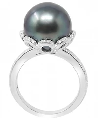 Macy's Cultured Tahitian Pearl (11mm) & Diamond (1/4 ct. t.w.) Ring in 925 Sterling Silver