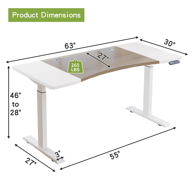 Streamdale Furniture 63x30 inches Dual Motor Curved Electric Standing Desk