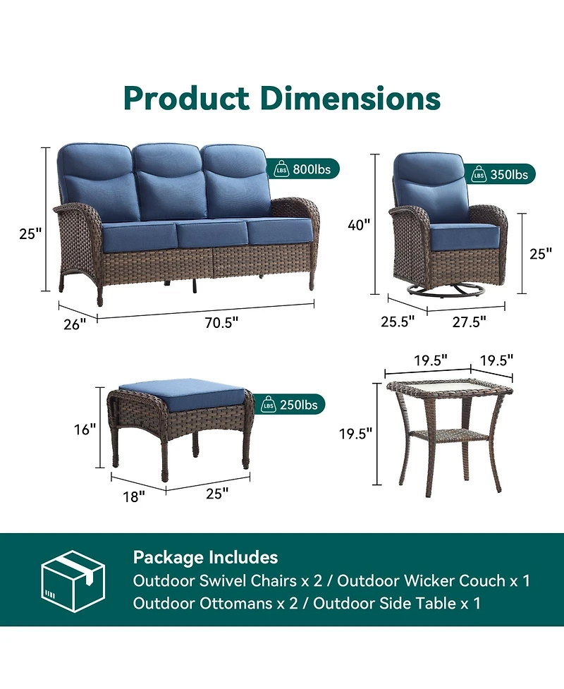 Pocassy Patio Furniture Set with 6in Cushion, All-Weather Wicker Outdoor Conversation Set with Swivel Rocking Chair and 6 Inch Thick Cushions
