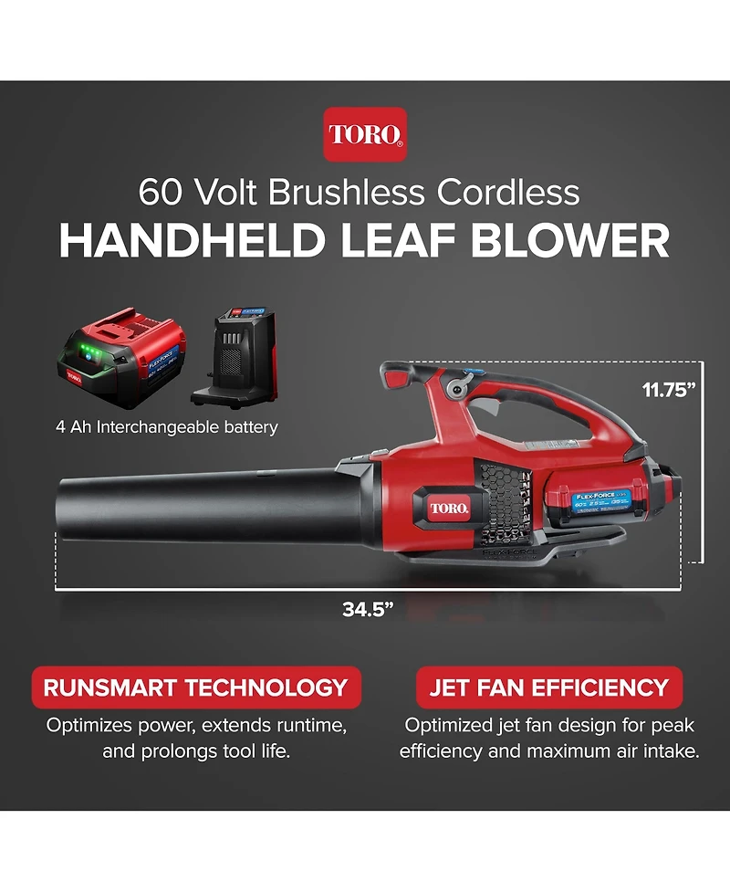 Toro 60 Volt Brushless Cordless Leaf Blower with 2.5 Ah Battery and Charger