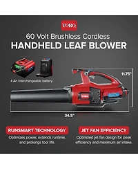 Toro 60 Volt Brushless Cordless Leaf Blower with 2.5 Ah Battery and Charger