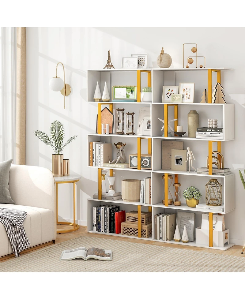 Gymax 2 Pieces 5 Tier Geometric Bookcase 62 Inch S Shaped Bookshelf with Metal Frame