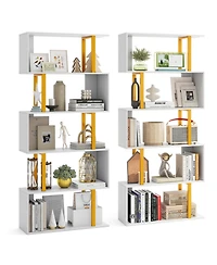 Gymax 2 Pieces 5 Tier Geometric Bookcase 62 Inch S Shaped Bookshelf with Metal Frame