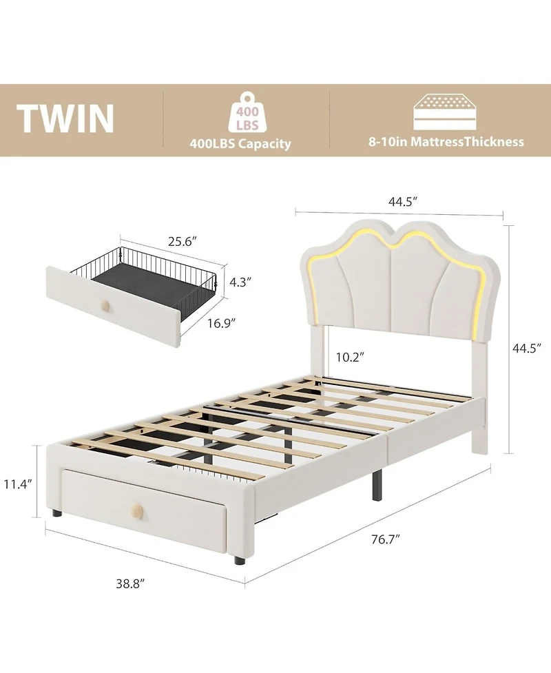 gaomon Twin Bed Frame with Storage, Upholstered Led Bed Frame with Headboard, Cute Velvet Platform Bed for Kids, Girls, No Box Spring Needed