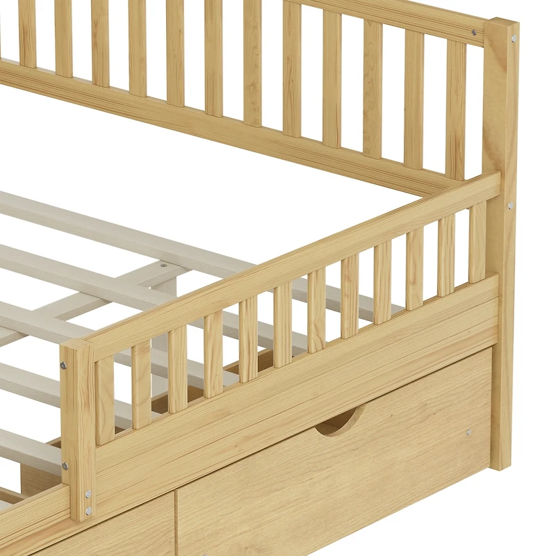 Streamdale Furniture Wood Platform Bed with Guardrails and 2 Drawers