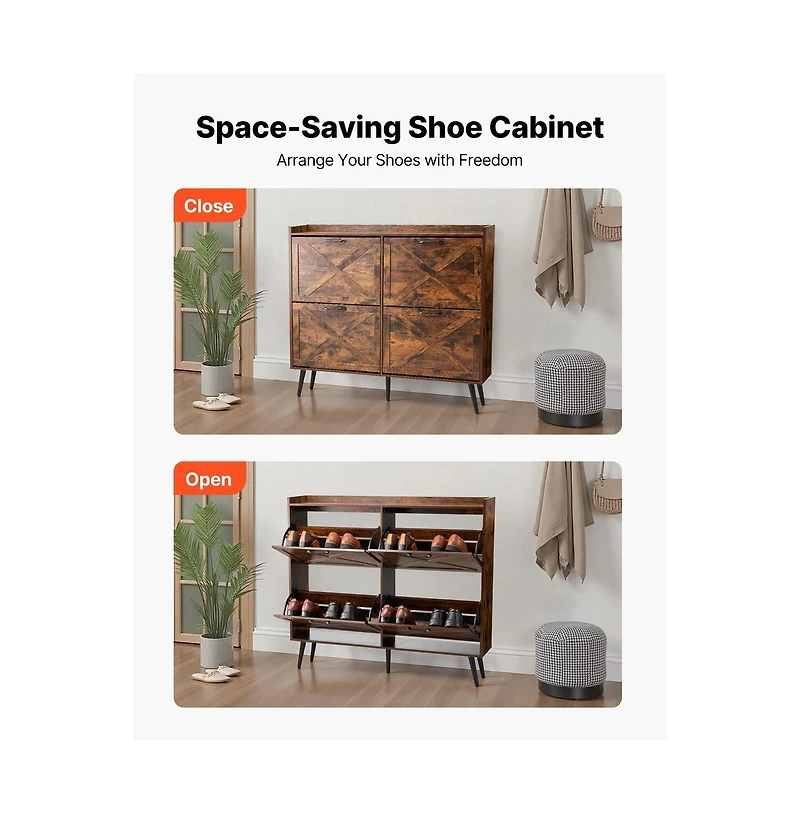 Sugift Shoe Cabinet with 4 Flip Drawers Farmhouse Storage with Wood Legs