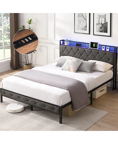 Boyel Living Full Size Upholstered Platform Bed with Led Headboard Charging Station and Noise Free Metal Slats
