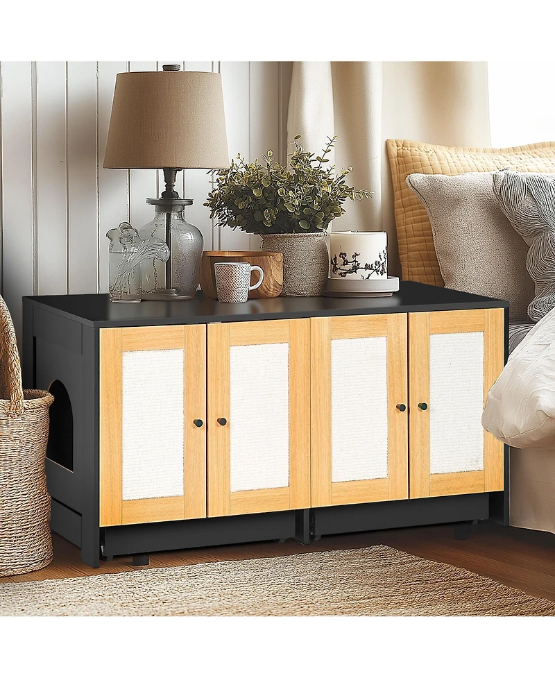 Aostirmotor Double Cat Litter Box Enclosure with Rattan Doors - Hidden Furniture for 2 Cats.