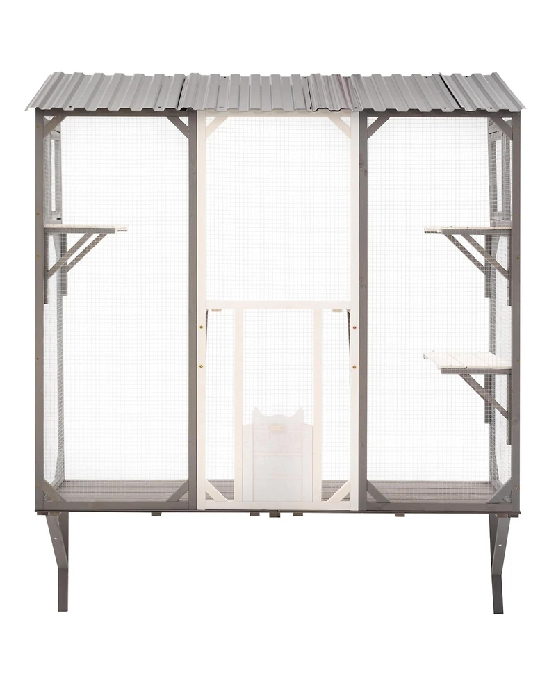 Aostirmotor Outdoor Catio Window Cat Enclosure, Grey and White Cat Climbing Patio with Platforms, Secure Outdoor Cat House for 1-3 Cats