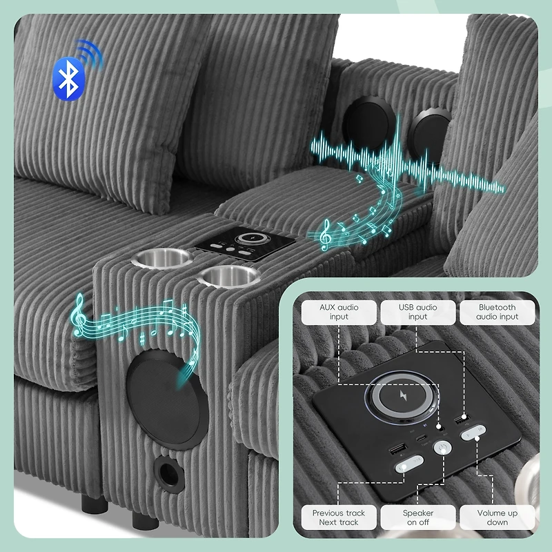 Streamdale Furniture Corduroy Sectional Sofa with Bluetooth, Usb, Cup Holders, Storage, Ottoman, Cloud Seat