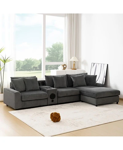 Streamdale Furniture Corduroy Sectional Sofa with Bluetooth, Usb, Cup Holders, Storage, Ottoman, Cloud Seat