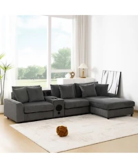 Streamdale Furniture Corduroy Sectional Sofa with Bluetooth, Usb, Cup Holders, Storage, Ottoman, Cloud Seat