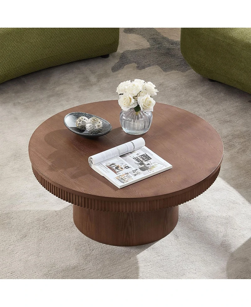 Streamdale Furniture Walnut Round Coffee Table with Ribbed Wave Trim
