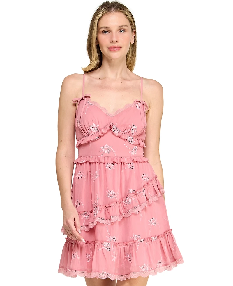 Trixxi Juniors' Sweetheart Neck Embroidered Short Dress