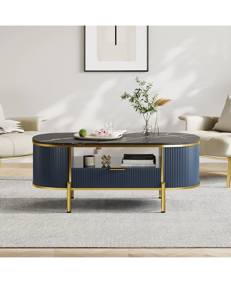 homfan Modern Oval Fluted Coffee Table, Faux Marble Top, 2-Tier Storage Shelf, Drawer, Metal Legs, Elegant Center Table for Living Room, Apartment