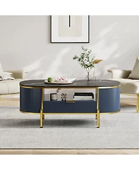 homfan Modern Oval Fluted Coffee Table, Faux Marble Top, 2-Tier Storage Shelf, Drawer, Metal Legs, Elegant Center Table for Living Room, Apartment