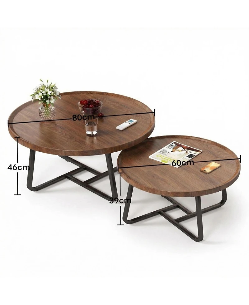 homfan Mid Century Modern Round Nesting Coffee Table Set, 2-Piece Fluted Wood Tables, Sturdy Metal Frame, Easy Assembly, for Living Room, Bedroom