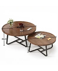 homfan Mid Century Modern Round Nesting Coffee Table Set, 2-Piece Fluted Wood Tables, Sturdy Metal Frame, Easy Assembly, for Living Room, Bedroom