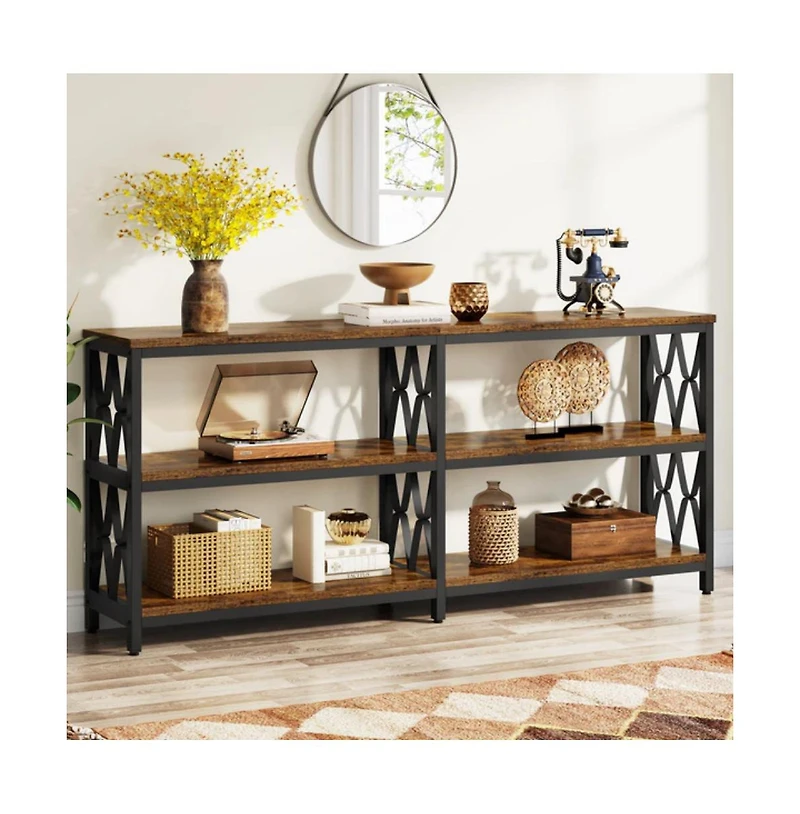 Slickblue Industrial Console Table with 3 Storage Shelves for Living Room and Foyer Use-Rustic Brown