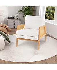 Sugift Mid Century Modern Accent Chair with Rattan Arms and Cushion